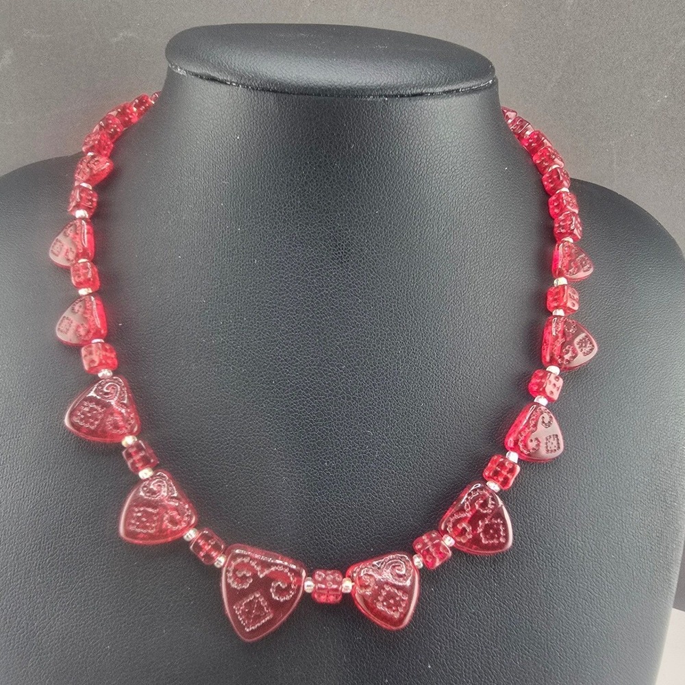 Vintage Estate Necklace Molded Red Glass Heart Dice Beaded Sterling 925 15in